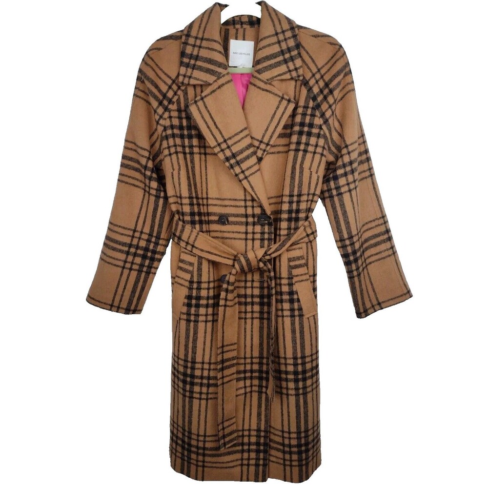 Avec Les Filles Plaid Double Breasted Coat Windowpane Tan and Black Size Large